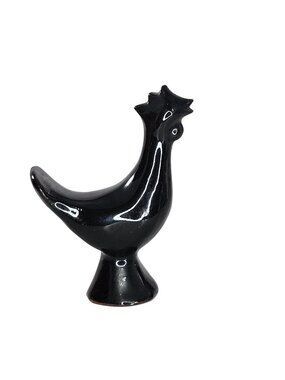 Handmade Ceramic Black Rooster Chicken Figurine Finland Glossy Finish Miniature